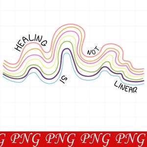 May include: A digital graphic design featuring wavy, multi-colored lines in shades of pink, yellow, green, purple, and blue. The text "HEALING IS NOT LINEAR" is written in a black, hand-drawn style font, following the curves of the colorful lines.