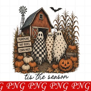 Tis The Season Ghost Trio Png, Pumpkin Patch Ghosts Png, Farmhouse Halloween Png, Checked Floral Polka Dot Ghosts, Fall Png