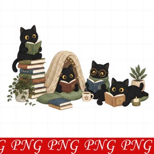 May include: A digital illustration of four black cats with yellow eyes reading books. One cat sits on a stack of books, one is inside a small tent, one wears round glasses, and one lies on a green cushion next to a potted plant and a candle.