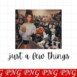 May include: A doll with brown hair in a high bun wears a light gray sweatshirt and black shorts, holding an iced coffee. The doll pushes a shopping cart filled with Halloween decor, including a pumpkin, a skeleton, and a sign reading Too Cute To Spook.