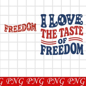 Może przedstawiać: Cyfrowy projekt graficzny zawierający tekst I LOVE THE TASTE OF FREEDOM w kolorze ciemnoniebieskim i czerwonym z białymi gwiazdkami wewnątrz liter. Osobny mniejszy czerwony element tekstowy brzmi FREEDOM. Projekt na białym tle w kratkę.