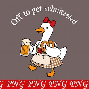 Puede incluir: Un ganso de dibujos animados con un lazo rojo, un corpiño verde y una falda de cuadros marrones, sosteniendo una jarra de cerveza espumosa y un pretzel. El texto sobre el ganso dice Off to get schnitzeled. Diseño con patas naranjas y pico amarillo.