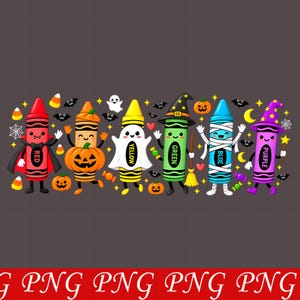 May include: A graphic illustration featuring six colourful anthropomorphic crayons dressed in Halloween costumes. The red crayon is a vampire, orange is a pumpkin, yellow is a ghost, green is a witch, blue is a mummy, and purple is a wizard.