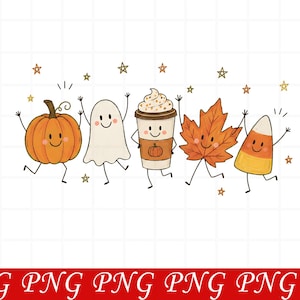 May include: A digital illustration featuring five anthropomorphic autumn characters: an orange pumpkin, a white ghost, a coffee cup with whipped cream, an orange maple leaf, and a piece of candy corn, all surrounded by small brown stars.