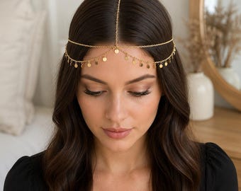 Goldene Kopfkette mit Scheibenanhängern | Boho-Festival-Haarschmuck