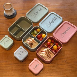 Peut inclure: Une collection de boîtes à lunch en silicone rectangulaires et carrées, déclinées en vert sauge, bleu clair et rose poudré. Chaque couvercle est personnalisé avec les prénoms GALEA, Ayla, Teresa, Eric, Arlo et PAULA, accompagnés d'icônes d'animaux.