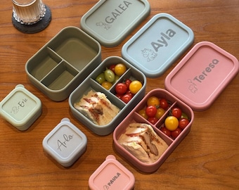 Set di contenitori per il pranzo e gli snack in silicone personalizzati, con nome personalizzato per bambini, scatole per alimenti e contorni per bambini incise, ideali per il ritorno a scuola.