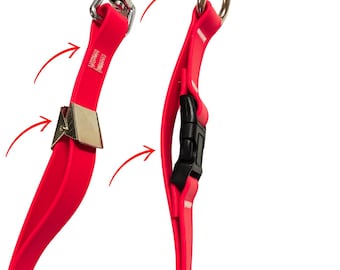 Puede incluir: Una correa para perros de color rojo brillante con un cierre de metal plateado y una hebilla de plástico negro. La correa está hecha de un material flexible y duradero y tiene un anillo de metal en el extremo del asa.