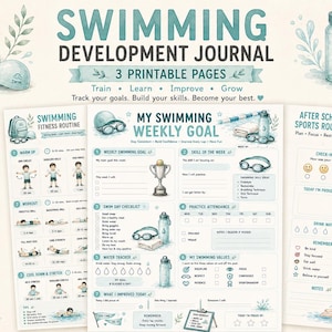 May include: A swimming development journal set featuring three printable pages with teal illustrations of swimming gear, including a backpack, goggles, a cap, and a water bottle. The pages contain text for tracking goals, fitness routines, and sports habits.