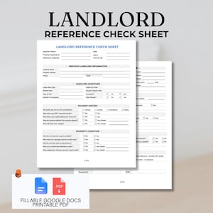 May include: A two-page Landlord Reference Check Sheet document featuring sections for applicant details, previous landlord information, landlord questions, payment history, and property condition. Includes icons for Google Docs and PDF formats.