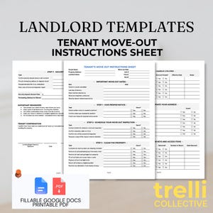 May include: A set of Landlord Templates featuring a Tenant Move-Out Instructions Sheet. The document includes sections for move-out dates, notice, inspection scheduling, cleaning tasks, utility handling, and address updates. Available as fillable Google Docs and printable PDF files by Trelli Collective.