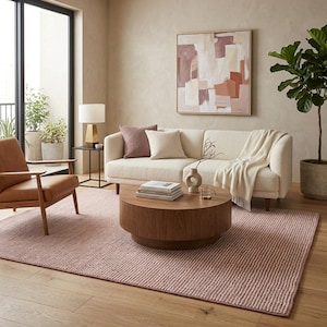 Handloom Wool & Jute Striped Area Rug | Loop and Cut | Modern Textured Earthy Pink Carpet | Contemporary Organic Statement Rug