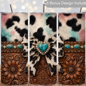 Cowhide Turquoise Heart Gem Coquette Bow Tooled Leather Design, Seamless 20oz Skinny Straight Tumbler Sublimation Wrap, PNG Digital Download