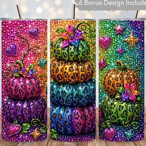 Leopard Pumpkin Sublimation Wrap, Rainbow Rhinestone Glitter Fall Halloween Sparkles Fall Autumn Colorful 20oz Skinny Tumbler Sublimation