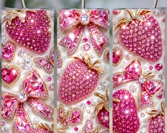 Rhinestone Strawberry Coquette Tumbler Wrap PNG, Pink Bow Skinny Tumbler Sublimation, Glam Strawberry Wrap, 20oz PNG