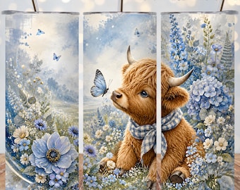 Highland Cow Tumbler Wrap PNG, Blue Floral 20oz Skinny Tumbler Sublimation, Watercolor Butterfly Cow, Straight Tapered Digital Wrap Design