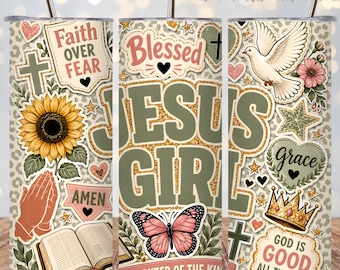 Jesus Girl Tumbler Wrap PNG, Christian Faith 20oz Skinny Sublimation, Blessed Bible Cross Floral Leopard Straight Tapered Digital Download