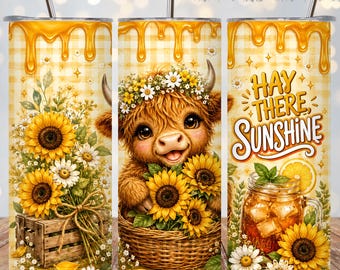 Highland Cow Sunflower Tumbler Wrap PNG, Hay There Sunshine 20oz Skinny Tumbler Sublimation Design, Farmhouse Cow Floral Wrap