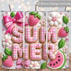 May include: A cylindrical tumbler featuring a white quilted background with pink gingham lettering spelling SUMMER. The design includes pink bows, strawberries, white flowers, and a watermelon slice, all accented with small sparkling rhinestones.