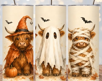 Halloween Highland Cow Tumbler Wrap PNG, Cute Watercolor Witch Ghost Mummy Cow 20oz Skinny Sublimation, Spooky Fall Pumpkin Digital Download