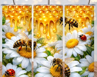 Honey Bee Tumbler Wrap PNG, Daisy Floral 20oz Skinny Tumbler Sublimation, Golden Honeycomb Ladybug Wrap, Straight Tapered Digital Download