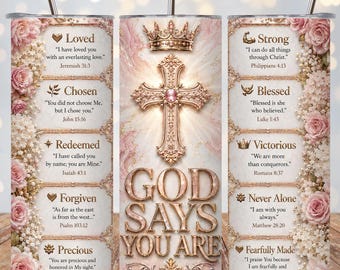 Christliche Becherfolie (PNG), Bibelvers „Gott sagt, du bist es“, 20oz schmaler Becher, rosa florales Kreuz-Sublimationsdesign, Geschenkidee für Gläubige