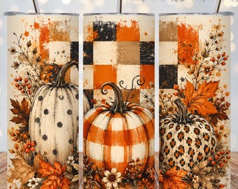 Fall Pumpkin Tumbler Wrap PNG, 20oz Skinny Tumbler Sublimation, Orange Buffalo Plaid Pumpkins, Autumn Floral Thanksgiving Tumbler Design PNG