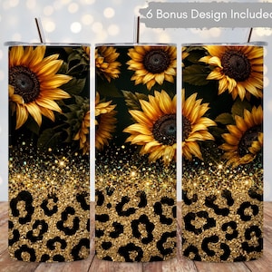 May include: A cylindrical tumbler featuring a sunflower pattern on the top half and a gold glitter leopard print on the bottom half. The design includes a metal straw and a lid. Text at the top reads 6 Bonus Design Included.