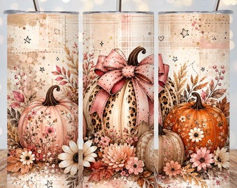 Fall Pumpkin Tumbler Wrap PNG, Coquette Pink Bow Leopard Pumpkin, Floral Autumn 20oz Skinny Tumbler Sublimation, Straight & Tapered Design