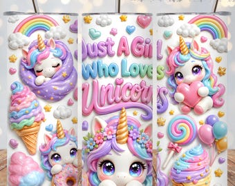 Unicorn Tumbler Wrap PNG, Just A Girl Who Loves Unicorns, Kawaii Rainbow 20oz Skinny Sublimation, Cute Pastel Digital Download Design File