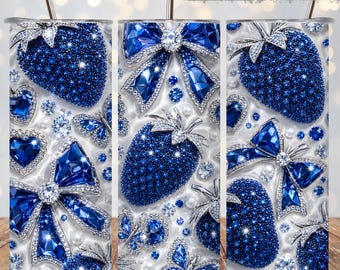 Rhinestone Strawberry Coquette Tumbler Wrap PNG, Sapphire Blue Bow Skinny Tumbler Sublimation, Glam Strawberry Wrap, 20oz PNG