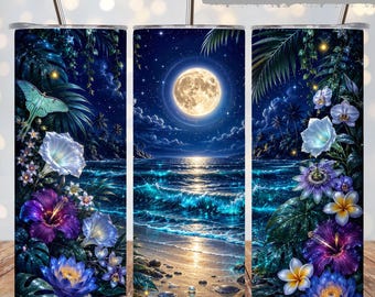 Moonlit Tropical Beach Tumbler Wrap PNG, Full Moon Ocean Waves Sublimation Design, Floral Night Sky 20oz Skinny Tumbler Wrap
