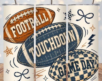 Football Tumbler Wrap PNG, Touchdown Game Day 20oz Skinny Tumbler Wrap, Retro Checkered Football Sublimation, Vintage Bow Game Day Design