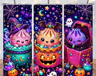 Kawaii Halloween Tumbler Wrap PNG, Cute Witch Ghost Bat Pumpkin 20oz Skinny Sublimation, Spooky Cute Candy Potion Straight Tapered Wrap PNG