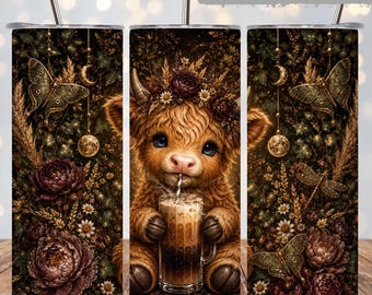 Highland Kuh Tumbler Wrap PNG, süßes Kuhkaffee Sublimationsdesign, Floral Kuh 20 Unzen Skinny Tumbler Wrap, Boho Kuh Digital Download