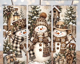Snowman Christmas Tumbler Wrap PNG, Leopard Plaid Winter Sublimation, Rustic Farmhouse 20oz Skinny Straight Tapered Wrap, Cozy Birdhouse Art