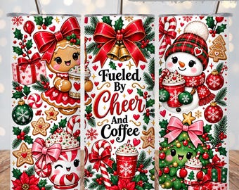 Christmas Coffee Tumbler Wrap PNG, Fueled by Cheer and Coffee, Cute Gingerbread Snowman Candy Cane 20oz Skinny Sublimation, Straight Tapered