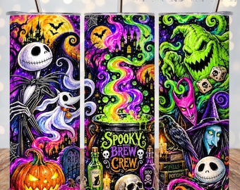 Halloween Tumbler Wrap PNG, Spooky Brew Crew 20oz Skinny Sublimation, Gothic Witchy Cauldron, Skeleton Pumpkins Straight Tapered Digital Art