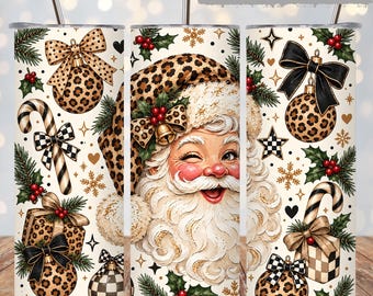 Leopard Santa Tumbler Wrap PNG, Christmas 20oz Skinny Sublimation, Coquette Bow Santa, Holly Candy Cane, Leopard Ornament Xmas Digital Wraps