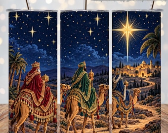 Three Wise Men 20oz Tumbler Wrap PNG, Star of Bethlehem Christmas Sublimation, Magi Camel Nativity Christian Skinny Cup Wrap Digital Design