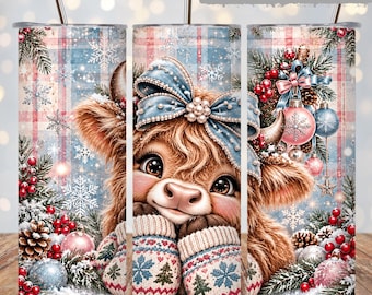 Highland Cow Christmas Tumbler Wrap PNG, Cute Winter Calf 20oz Skinny Sublimation, Blue Bow Snowflakes Plaid Holiday Digital Download Design