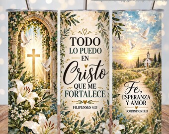Todo Lo Puedo en Cristo Tumbler Wrap PNG, Filipenses 4:13 Spanish Christian 20oz Skinny Tumbler, Floral Cross Dove Faith Sublimation Design