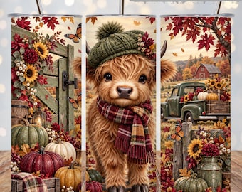 Highland Cow Fall Tumbler Wrap PNG, 20oz Skinny Sublimation, Autumn Pumpkin Sunflower Cow, Vintage Truck Cozy Farmhouse Harvest Wrap Design