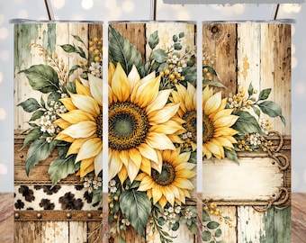 Sunflower Tumbler Wrap PNG, Rustic Western Cow Print 20oz Skinny Tumbler Sublimation, Farmhouse Floral Straight & Tapered Digital Download