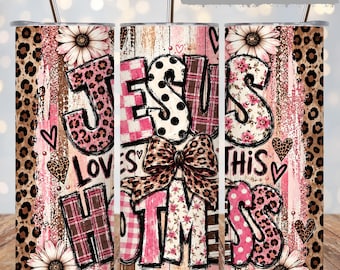 Jesus Loves This Hot Mess Tumbler Wrap PNG, Pink Leopard Floral Christian 20oz Skinny Sublimation Design, Coquette Bow Digital Download File