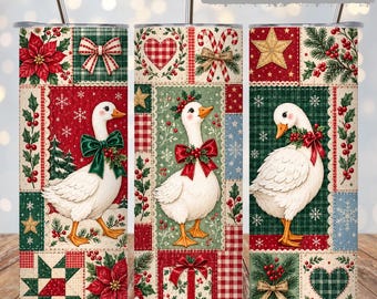 Christmas Goose Tumbler Wrap PNG, Vintage Patchwork Quilt, Poinsettia Plaid, Holly Bows 20oz Skinny Sublimation, Festive Holiday Wrap Design