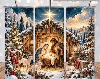 Nativity Christmas Tumbler Wrap PNG, Holy Family Bethlehem Star 20oz Skinny Sublimation, Winter Manger Scene Straight & Tapered Digital Wrap