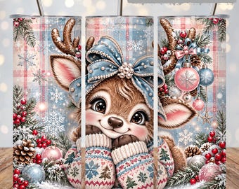 Christmas Reindeer Tumbler Wrap PNG, Cute Winter Deer Coquette Bow 20oz Skinny Sublimation, Snowflake Holiday Design Digital Download PNG