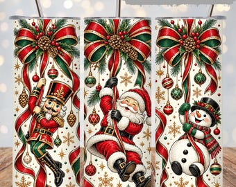 Christmas Tumbler Wrap PNG, Santa Nutcracker Snowman Bows, 20oz Skinny Sublimation Wrap, Red Green Holiday Ornaments Instant Download File