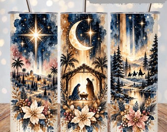 Nativity 20oz Skinny Tumbler Wrap PNG, Bethlehem Christmas Sublimation, Star of Bethlehem, Wise Men, Poinsettia, Watercolor Christian Design
